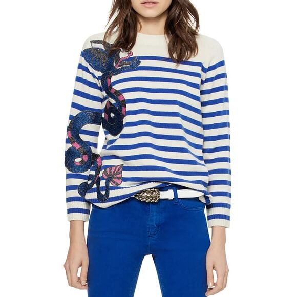 Zadig & Voltaire Lilo Bis Striped Sweater Dragon Motif Wool Cashmere Cream Blue - Picture 2 of 11